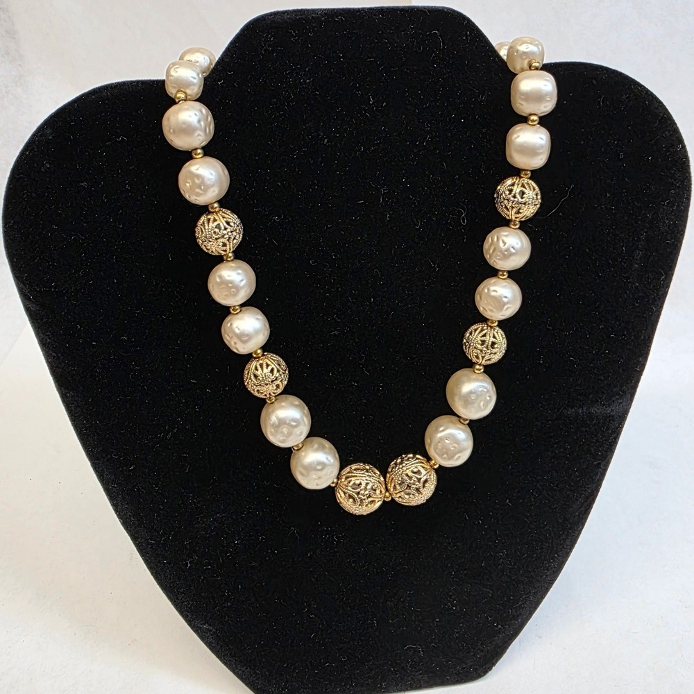 20"‎ Chunky Faux Pearl Filigree Bead Statement Necklace Cream Gold